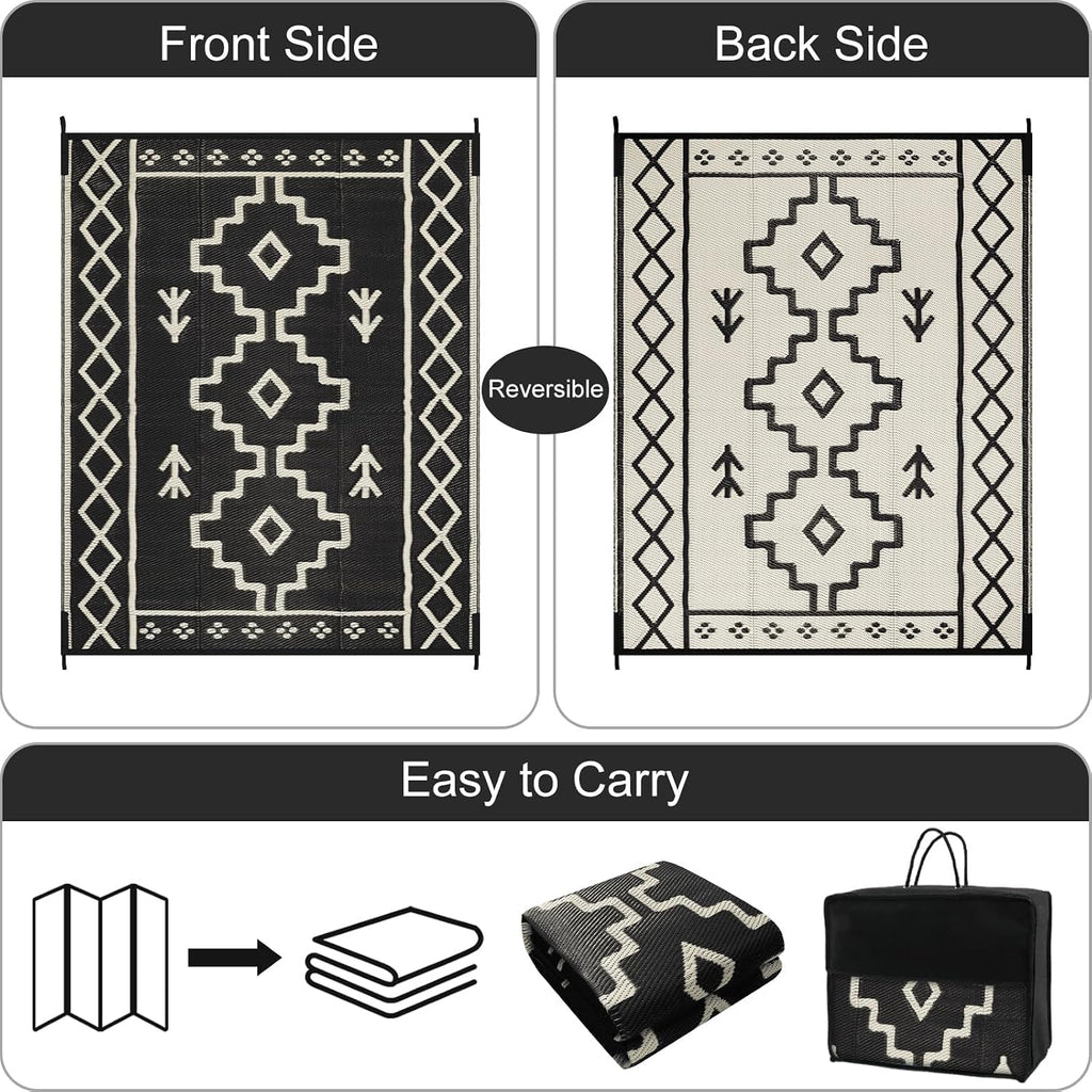8x10 Black Boho Reversible Outdoor Rug