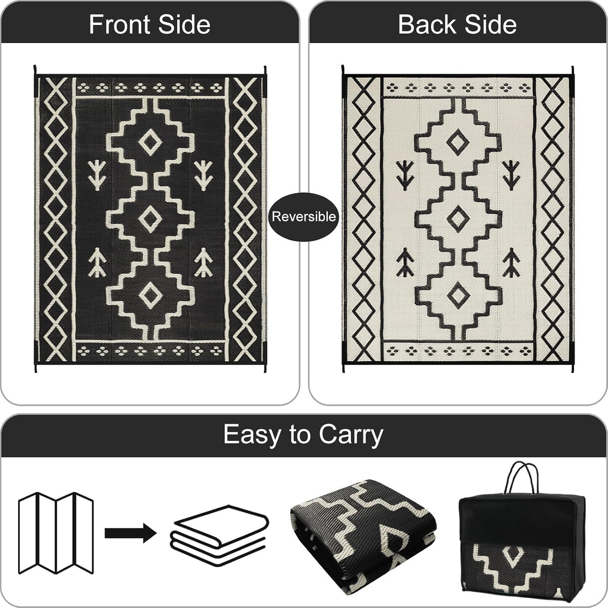 8x10 Black Boho Reversible Outdoor Rug