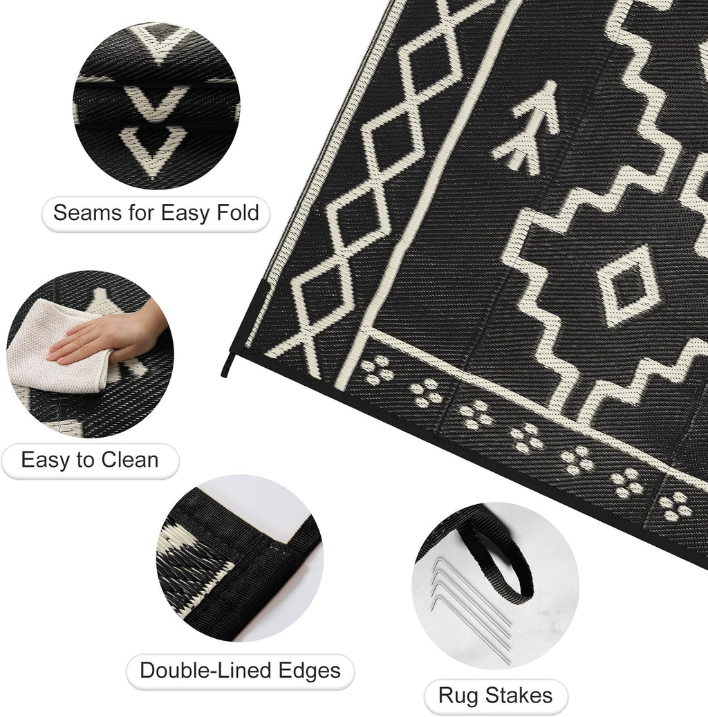 8x10 Black Boho Reversible Outdoor Rug