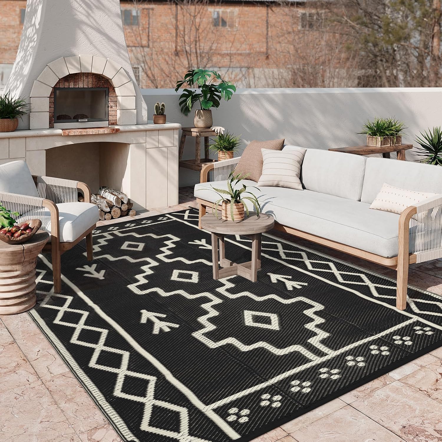 8x10 Black Boho Reversible Outdoor Rug