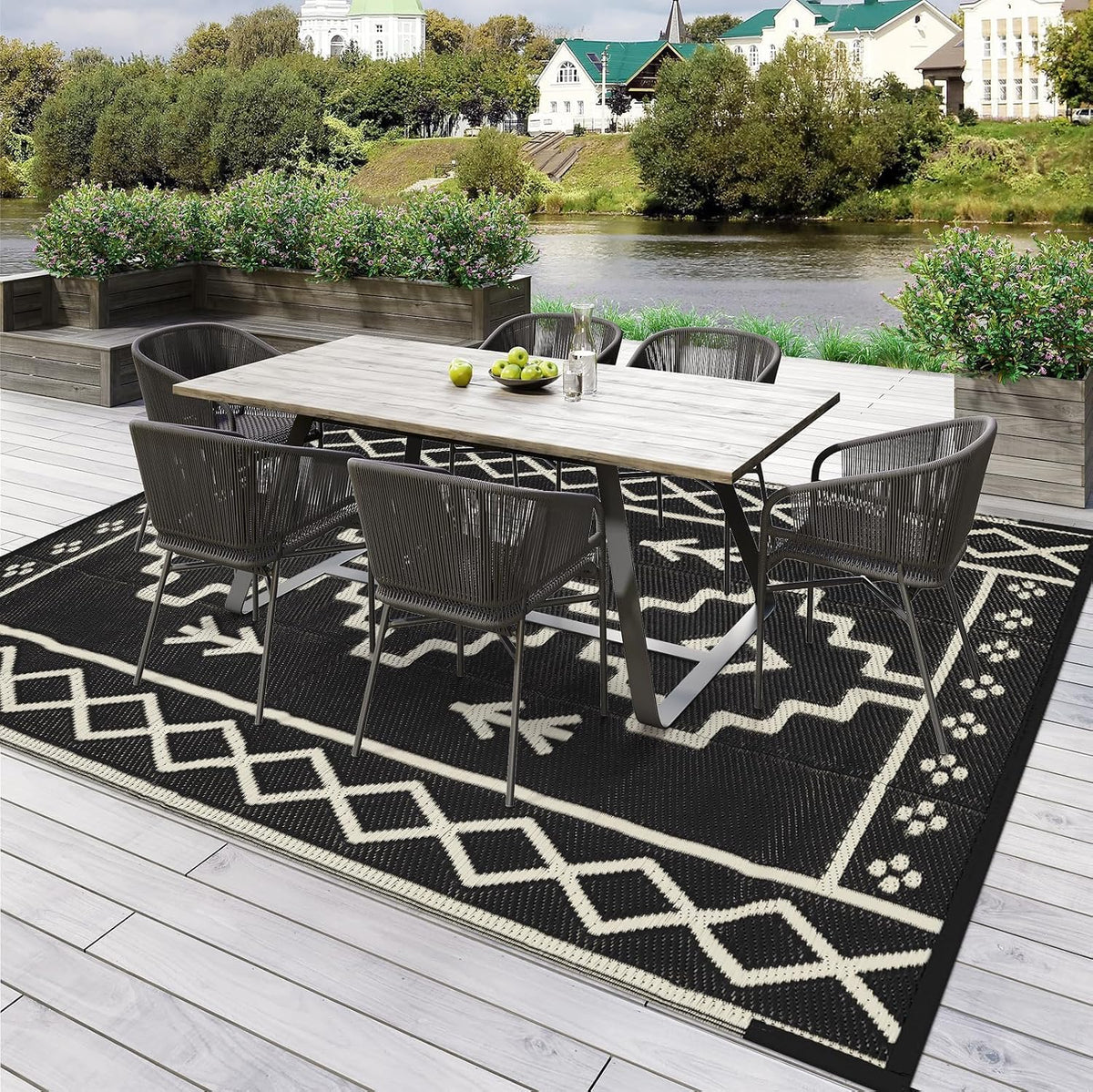 8x10 Black Boho Reversible Outdoor Rug