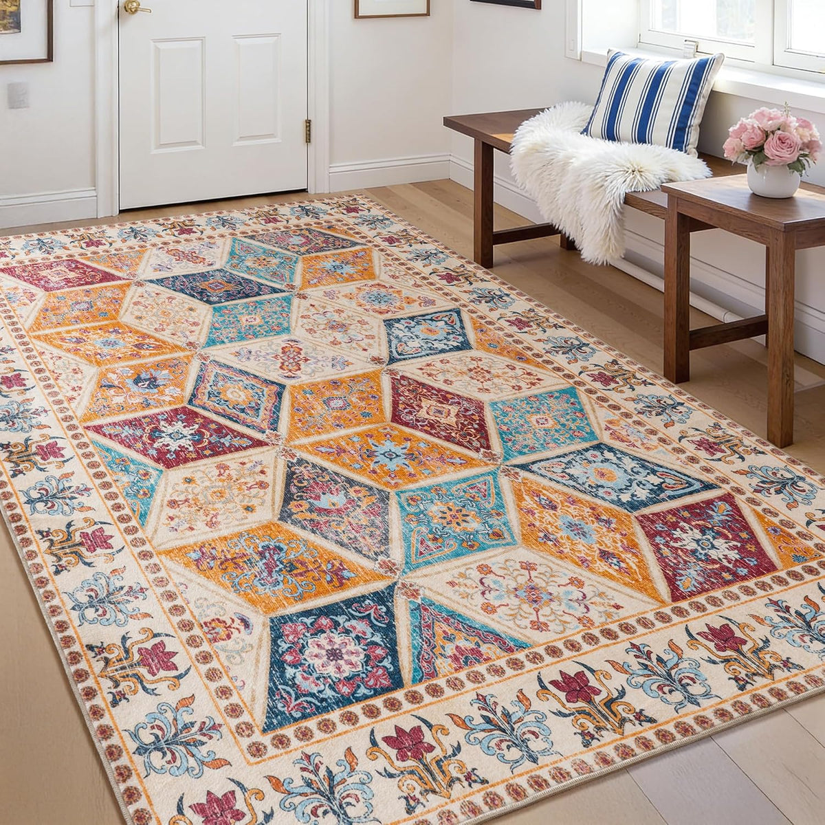 8x10 Cream Moroccan Boho Washable Rug