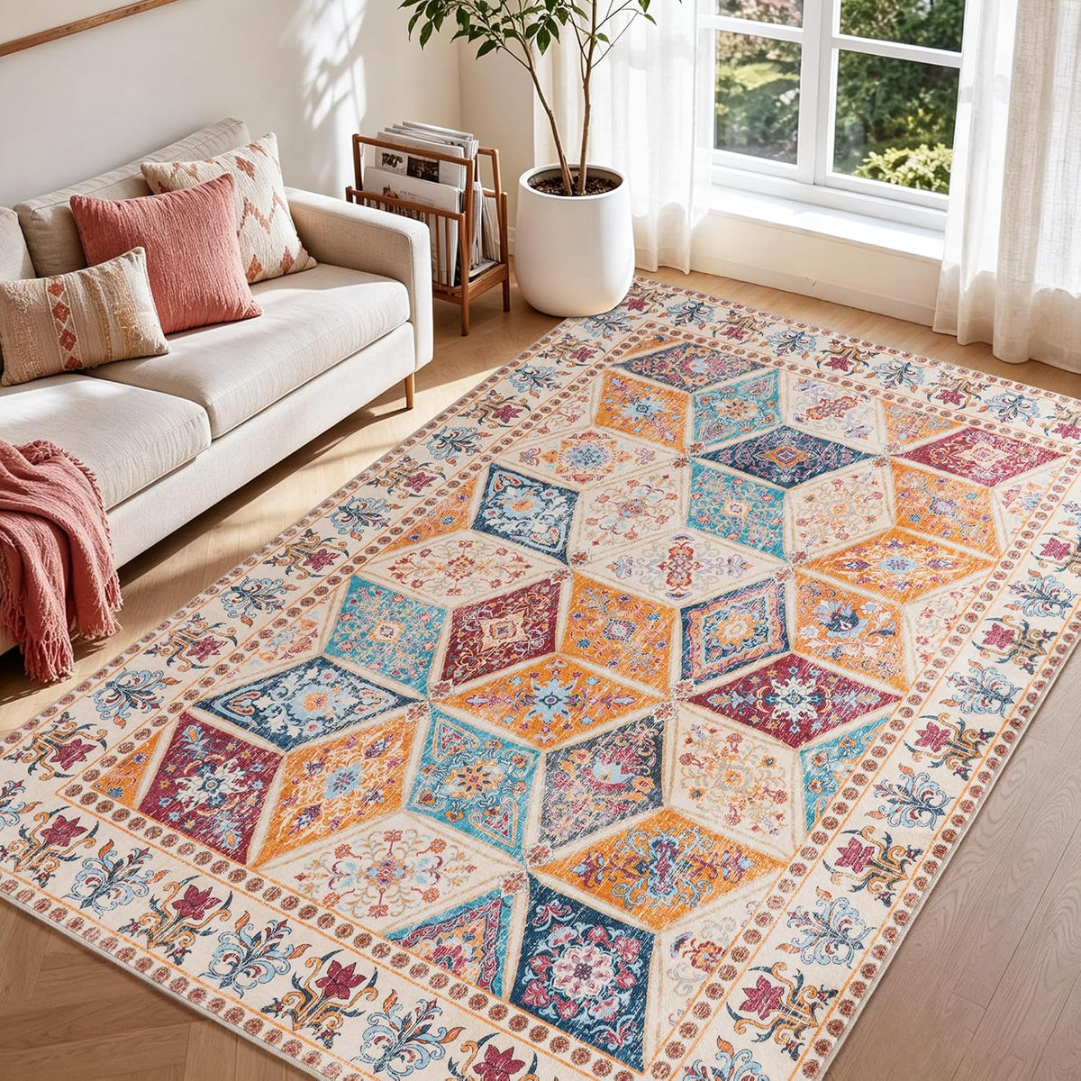 8x10 Cream Moroccan Boho Washable Rug