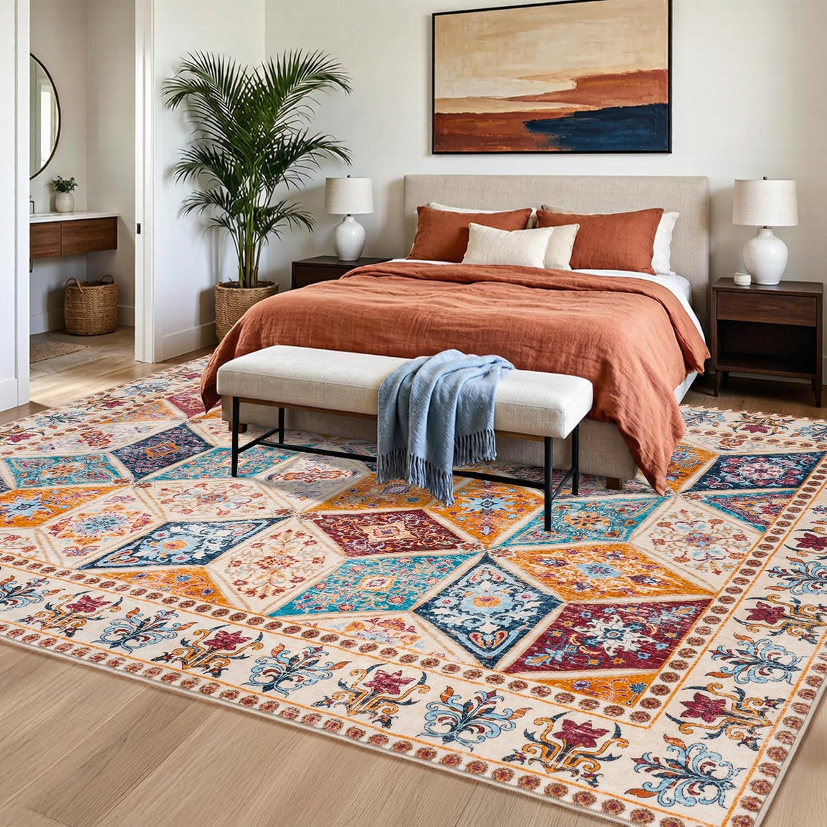 8x10 Cream Moroccan Boho Washable Rug