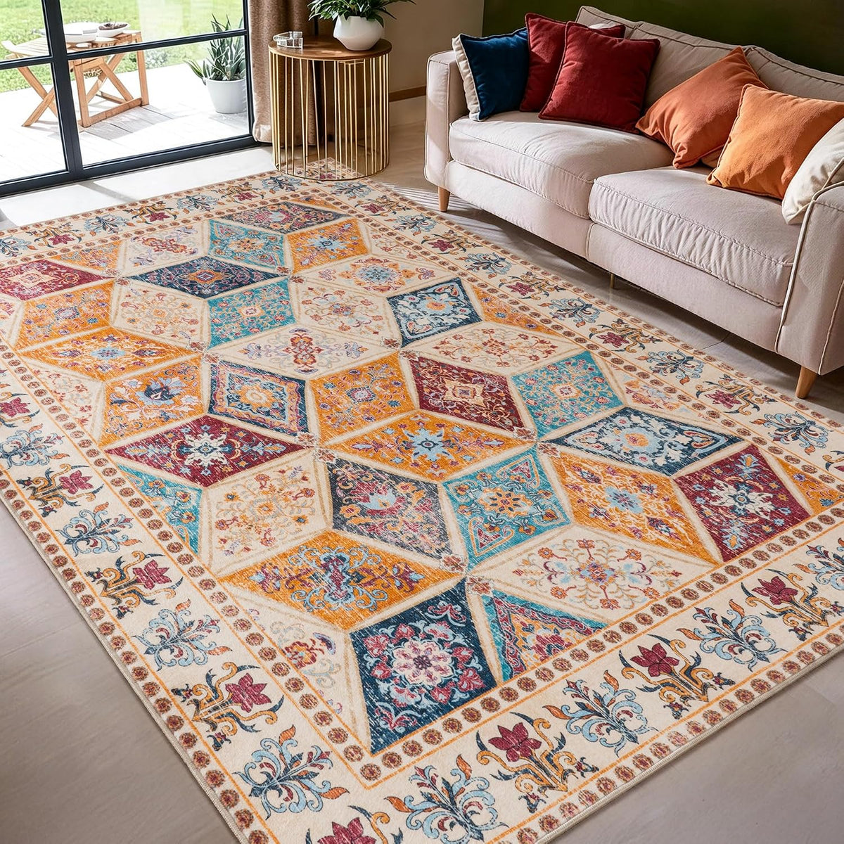 8x10 Cream Moroccan Boho Washable Rug