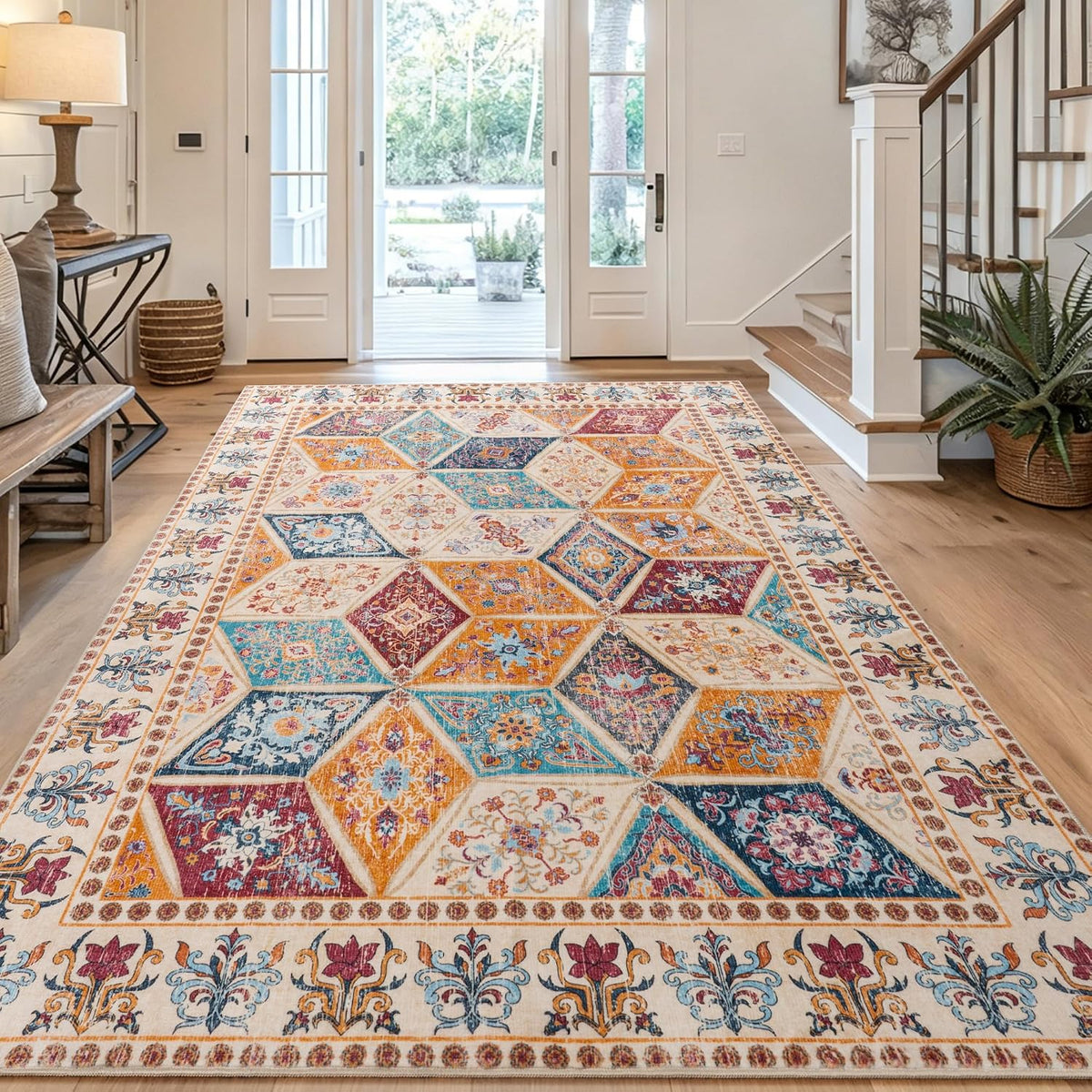 8x10 Cream Moroccan Boho Washable Rug