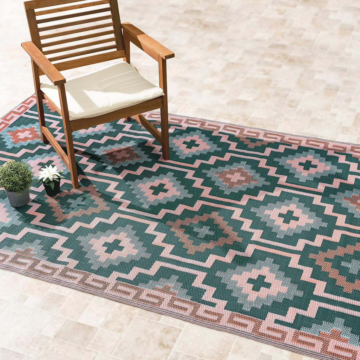 4x6 Green Boho Reversible Outdoor Rug