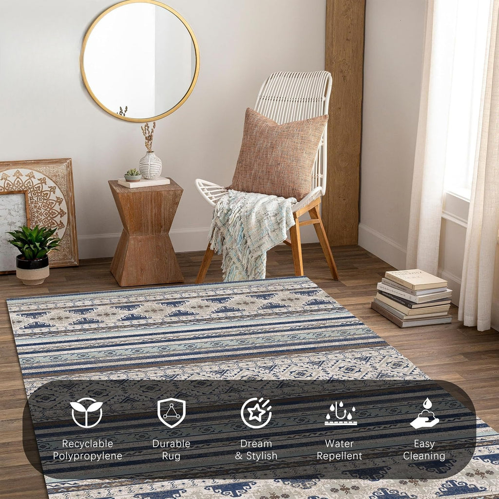6'x9' Blue Brown Moroccan Washable Rug